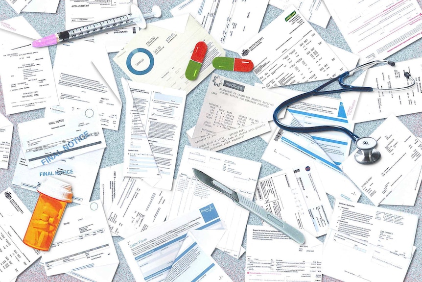 Bills, medical equipment and drugs are scattered across a table.