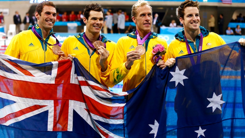 Matt Targett, Christian Sprenge, Hayden Stoeckel and James Magnussen pose with their bronze medals.