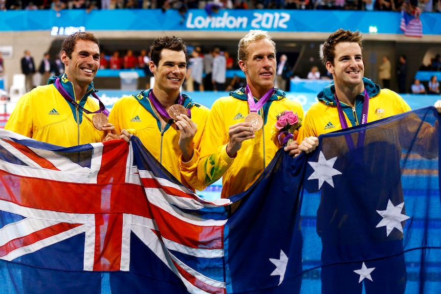 Matt Targett, Christian Sprenge, Hayden Stoeckel and James Magnussen pose with their bronze medals.