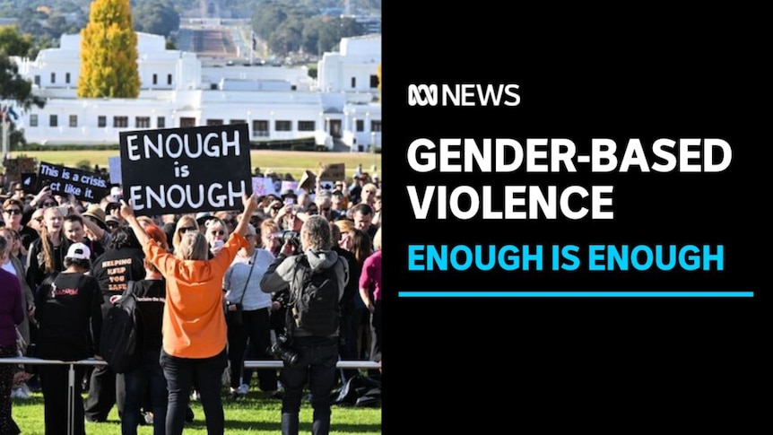 Gender-Based Violence, Enough is Enough: A crowd of people gather on a lawn for a rally.