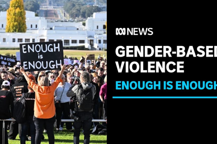Gender-Based Violence, Enough is Enough: A crowd of people gather on a lawn for a rally.