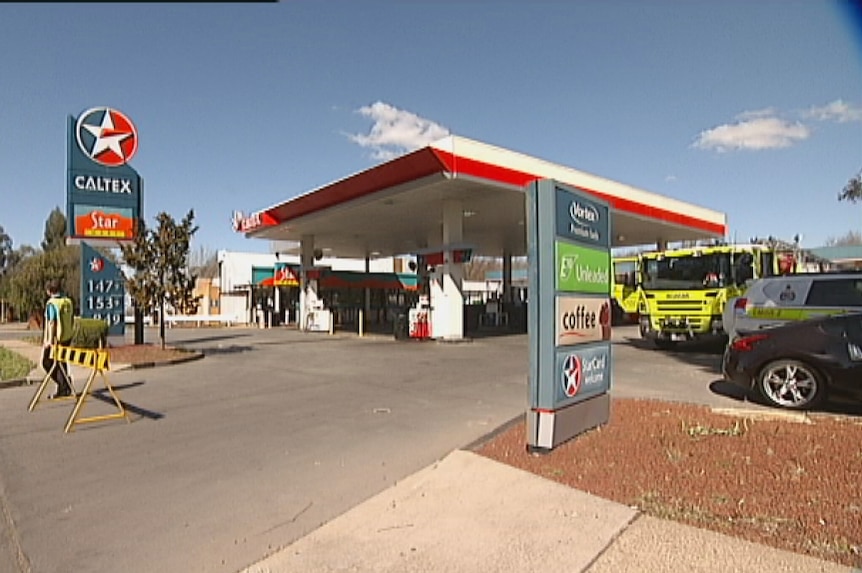 The Caltex service station on Maribyrnong Avenue at Kaleen in Canberra's north with fire truck.