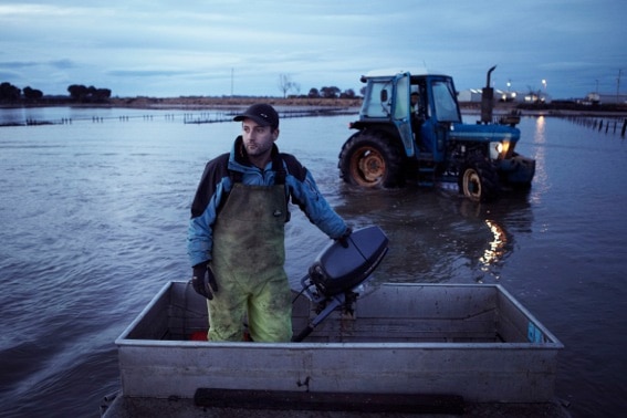 An oyster farmer on his boat with his tractor in the background