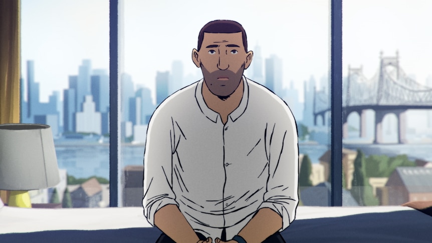 A still from an animated movie featuring a Middle Eastern man sitting on a hotel bed, in front of bay windows with a river view