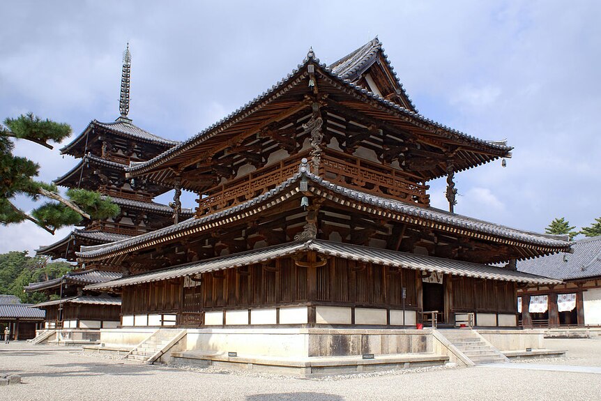 A large wooden Buddhist temple.