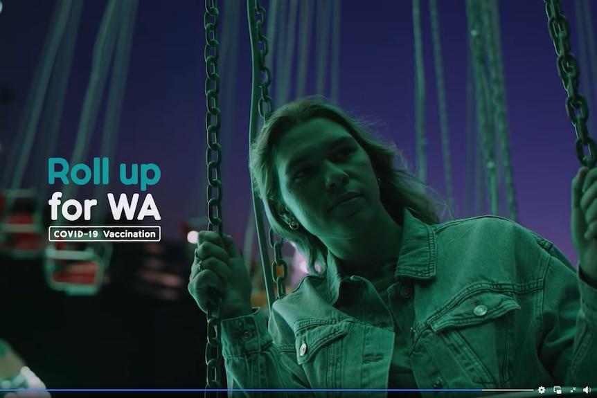A young woman on a swing ride at the Perth Royal Show and text on the image says "Roll up for WA"