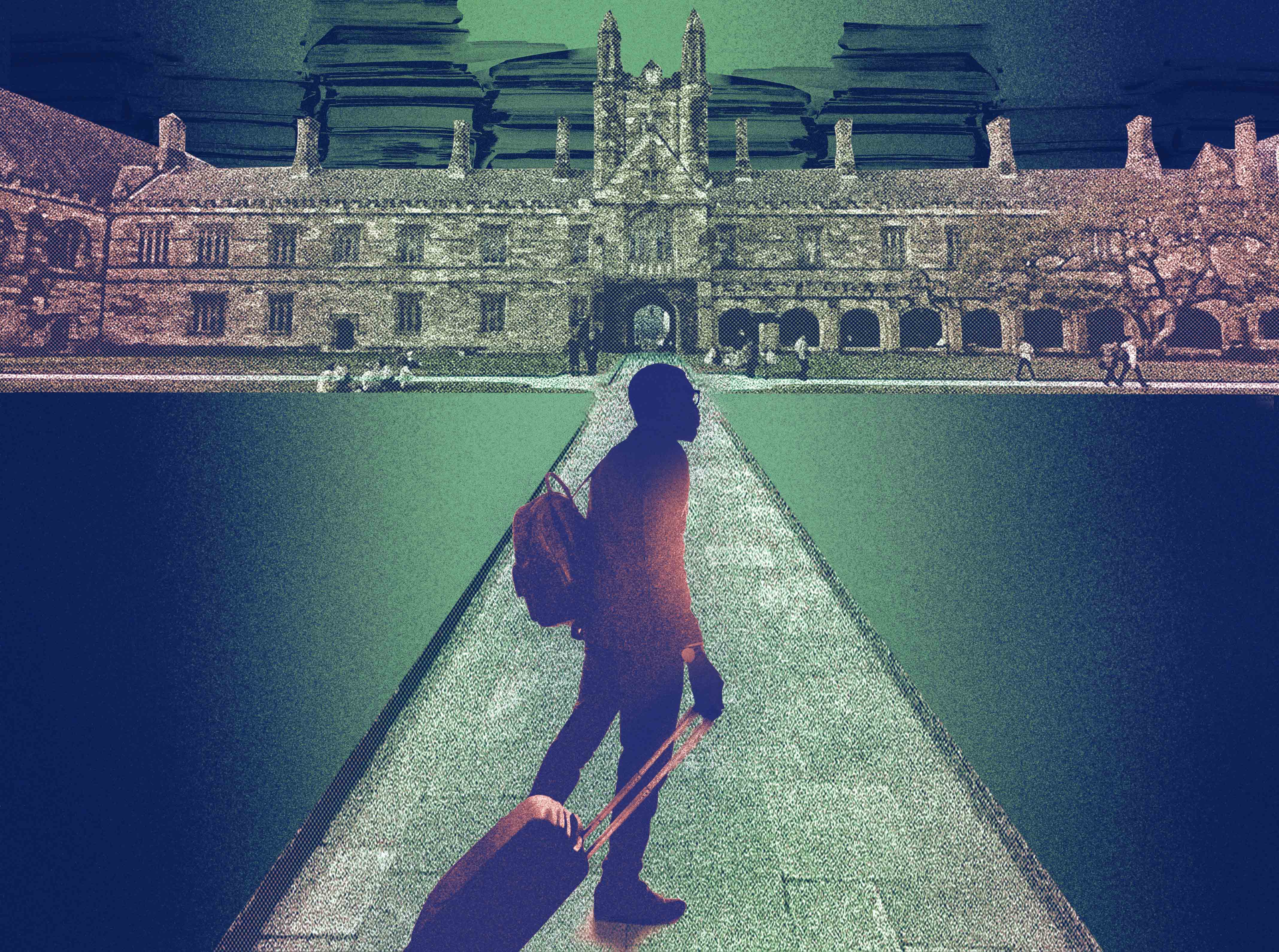 An illustration of a man pulling a suitcase through a university campus.