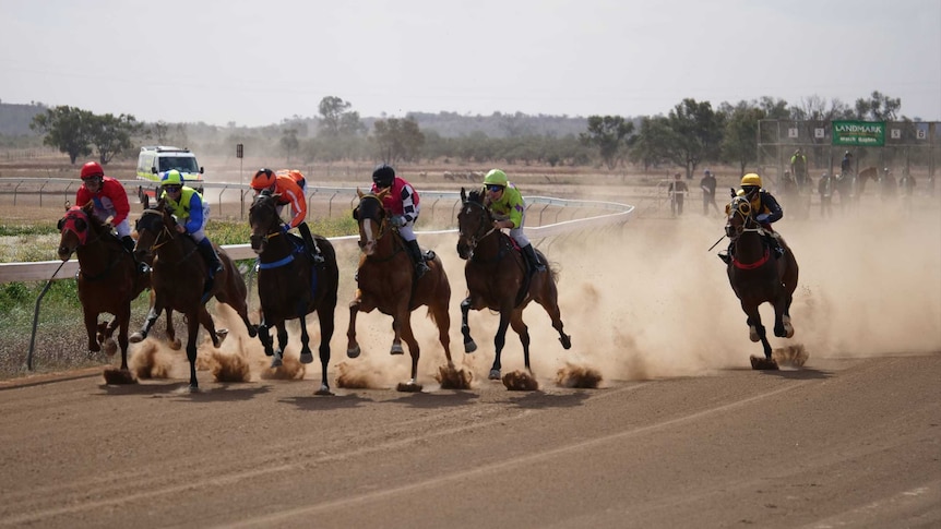 Six horses ridden by jockeys race along a very dusty track.