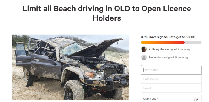 Screenshot of a petition to ban limit beach driving to only open licence holders