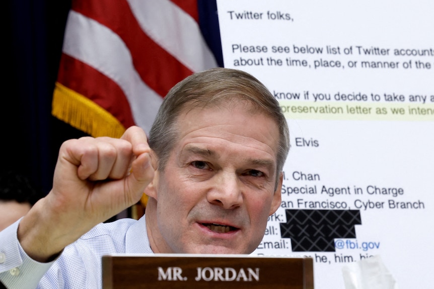 A photo of US Accountability Committee member Representative Jim Jordan pointing his finger.