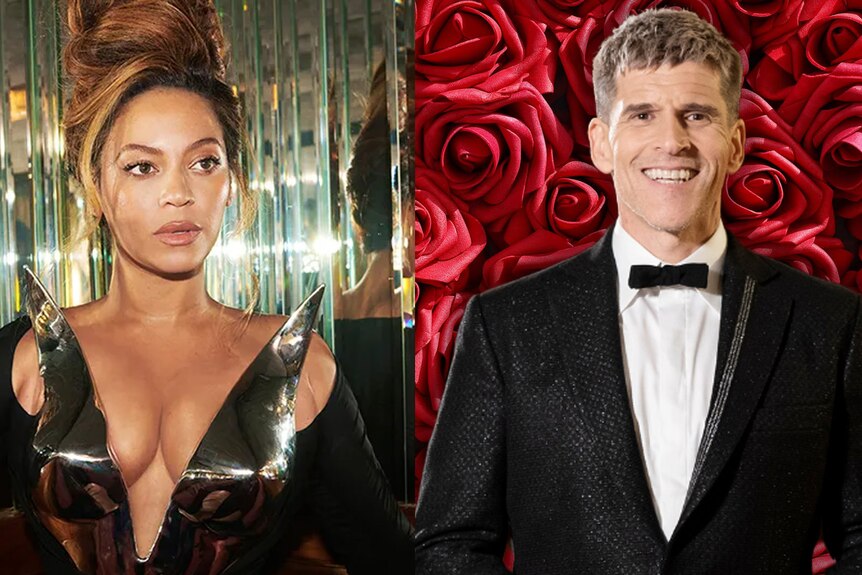 Composite shot of Beyoncé against a wall of mirrors (left) and Osher Günsberg against a backdrop of roses.
