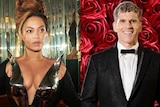 Composite shot of Beyoncé against a wall of mirrors (left) and Osher Günsberg against a backdrop of roses.