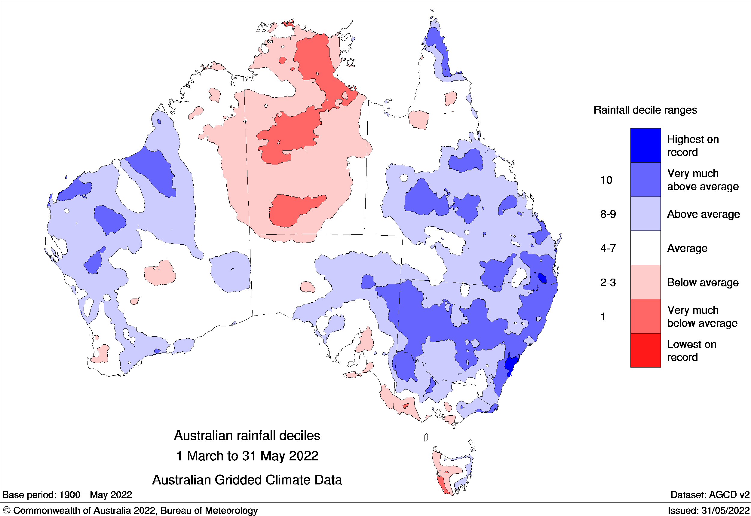 Map Aus blue over parts of east and west indicating above average rainfall but below average for the NT