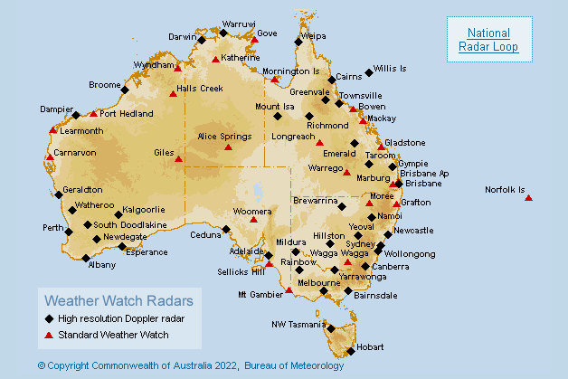 Map of Australia with dots indicating weather radars.