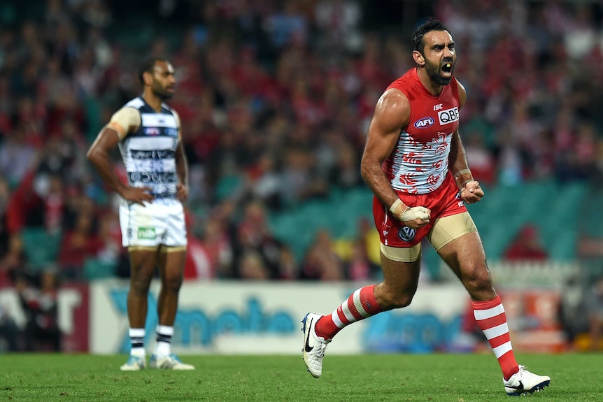 Adam Goodes celebrates a goal against Geelong