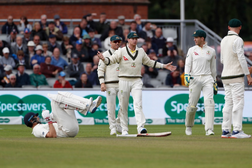 Steve Smith stands with his arms outstretched with David Warner and Tim Paine as Joe Root lies on his back