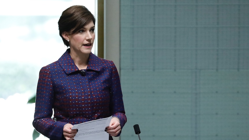 A woman stands up holding a piece of paper in Parliament