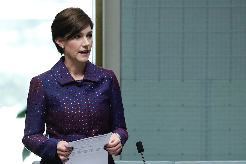 A woman stands up holding a piece of paper in Parliament