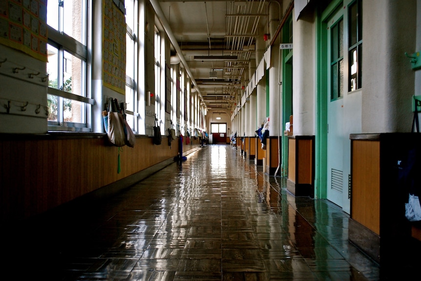 An empty school corridor.