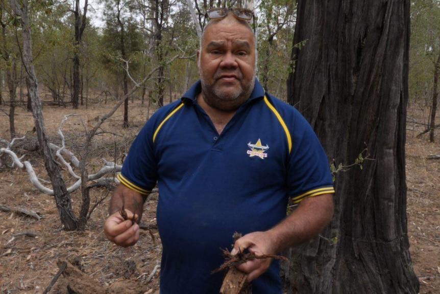 Indigenous man stands in front tree in the bush