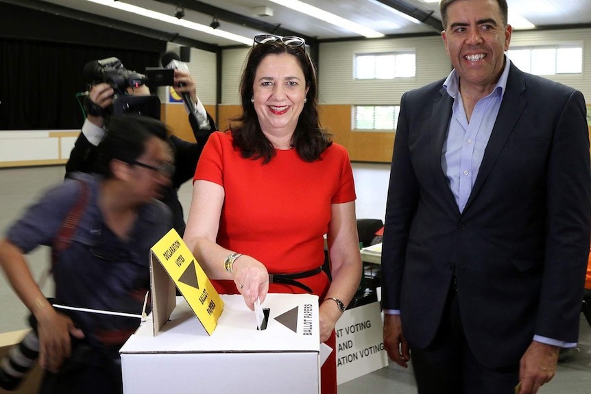 Queensland Premier Annastacia Palaszczuk casts her vote in the state's election at Inala State School in Brisbane.