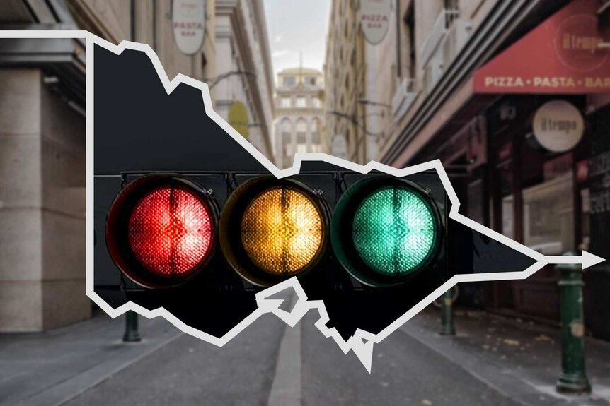 A graphic with traffic lights superimposed on a map of Victoria with Degraves Street in the background.