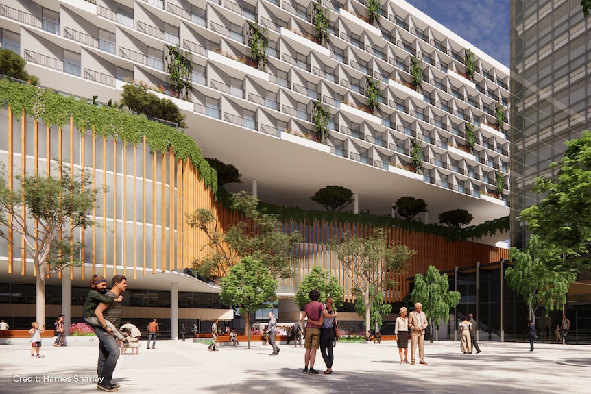 An artist's impression of a new 10-storey medical facility, with trees and people in the foreground