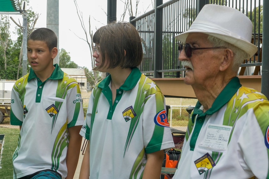 Thomas, Chloe and Patrick Casey at the Longrach Bowls Club, November 2022.