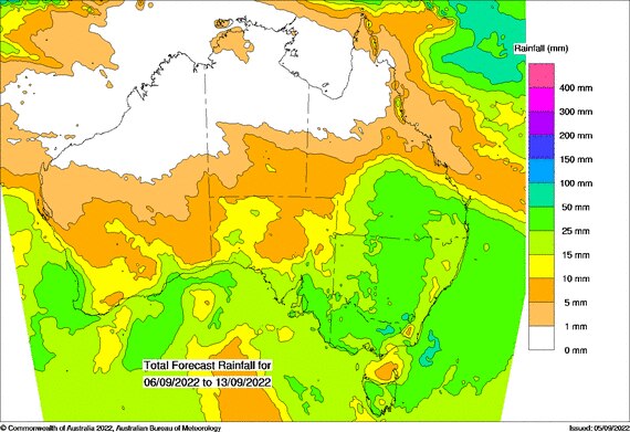 Map of Australia. Green indicating 15-50mm for S QLD, most of NSW, VIC and TAS and SE SA. 