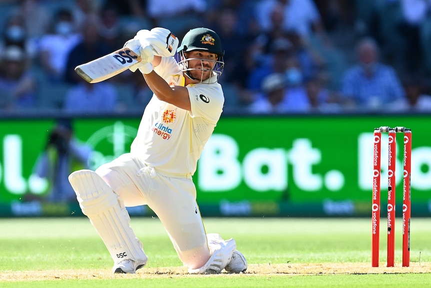 David Warner on one knee holds his bat in both hands and looks off to his left.