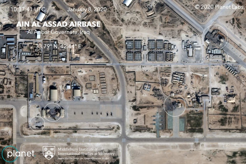 An aerial view showing the Al Asad airbase damage.