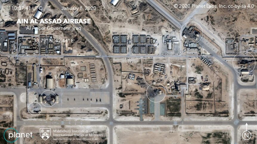 An aerial view showing the Al Asad airbase damage.