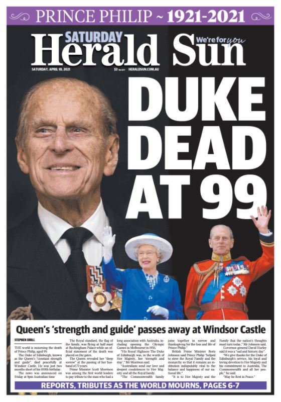 The front page of the Herald Sun newspaper the day after the death of Prince Philip.
