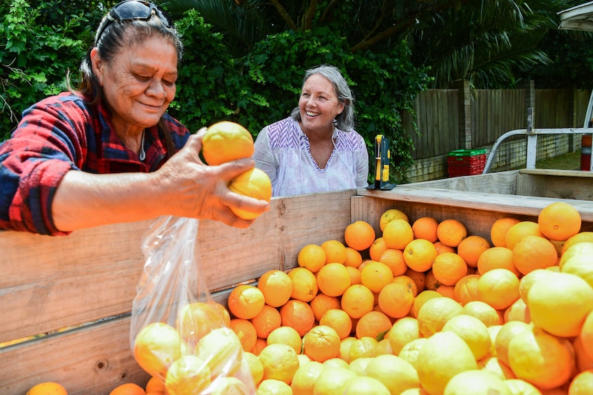 A woman laughs while another woman puts oranges in a bag