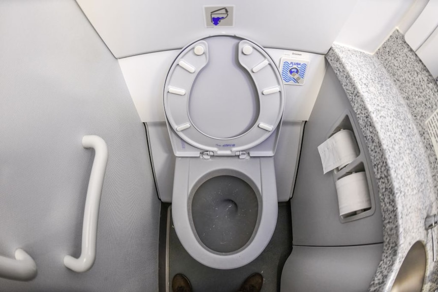 Aerial view of an aeroplane toilet.