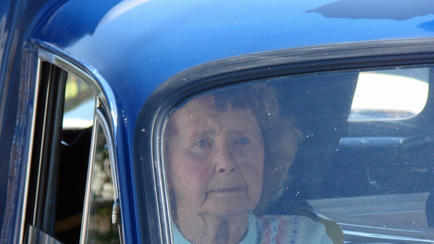 Lilac Black behind the wheel of a vintage car.