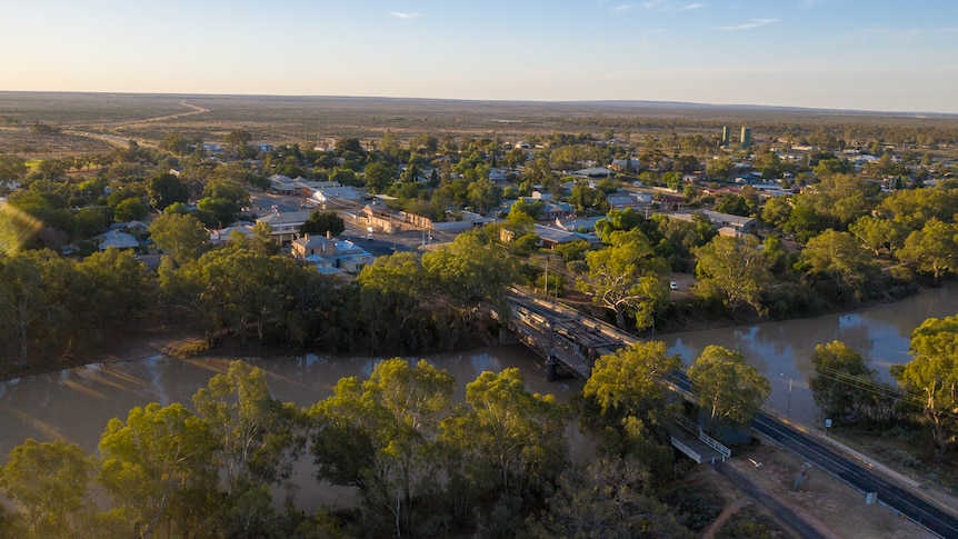 The Darling-Baaka River at Wilcannia from the air with town behind, April 2021.