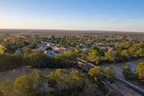 The Darling-Baaka River at Wilcannia from the air with town behind, April 2021.
