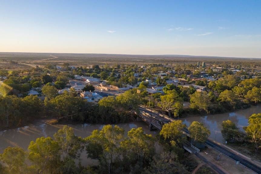 The Darling-Baaka River at Wilcannia from the air with town behind, April 2021.