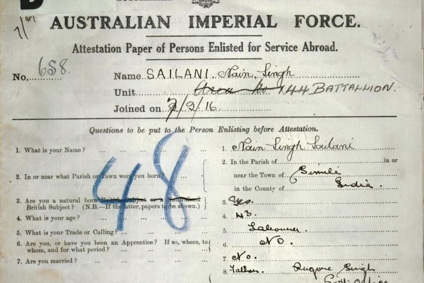 The Australian Imperial Force war records of Private Nain Singh Sailani