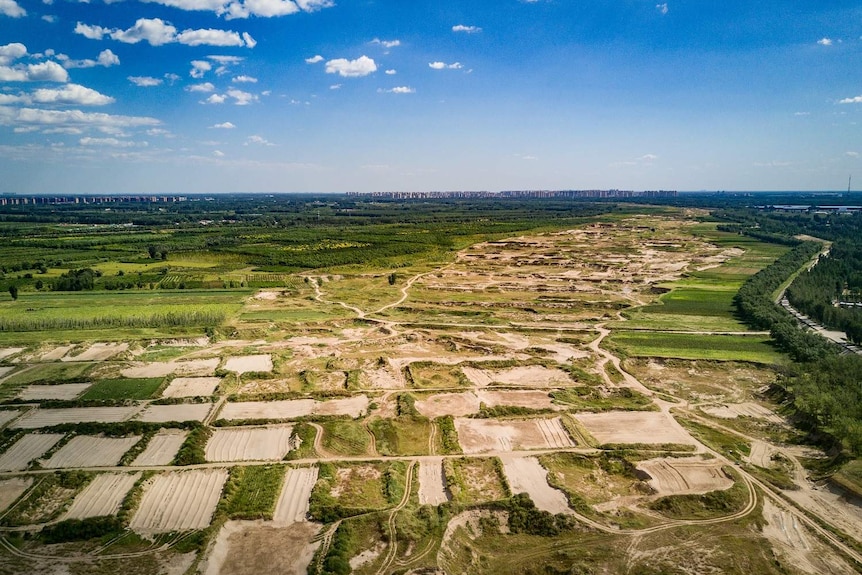 由于缺水，这导致北京西南永定河沿岸的农田干枯。