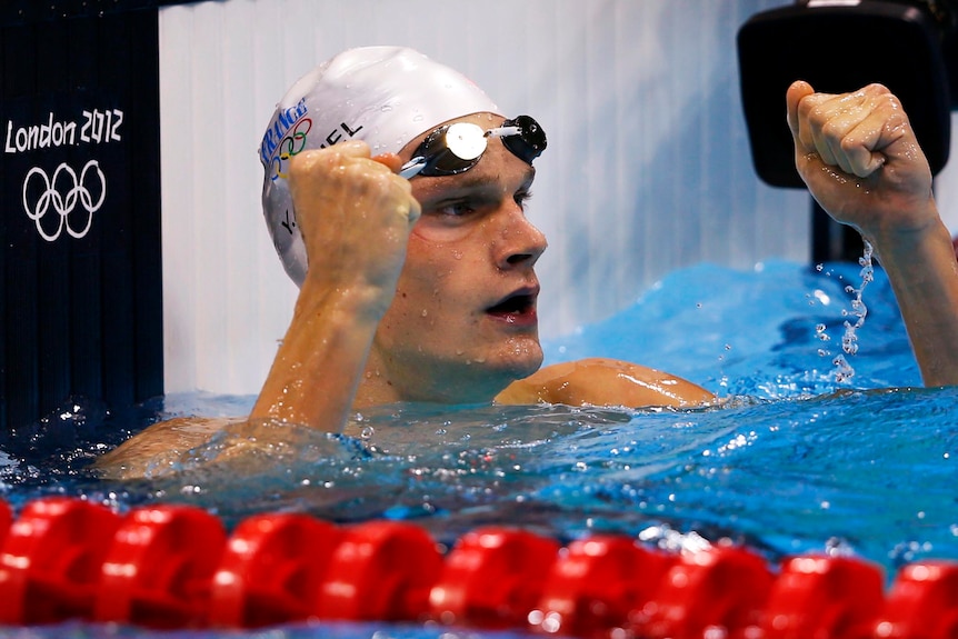 Yannick Agnel celebrates winning the men's 200m freestyle final at the London 2012 Olympic Games.