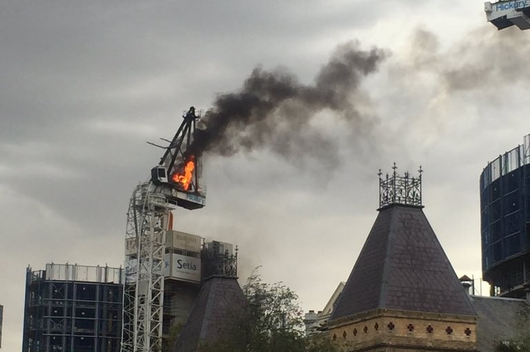 Fire on a crane on St Kilda Road in Melbourne
