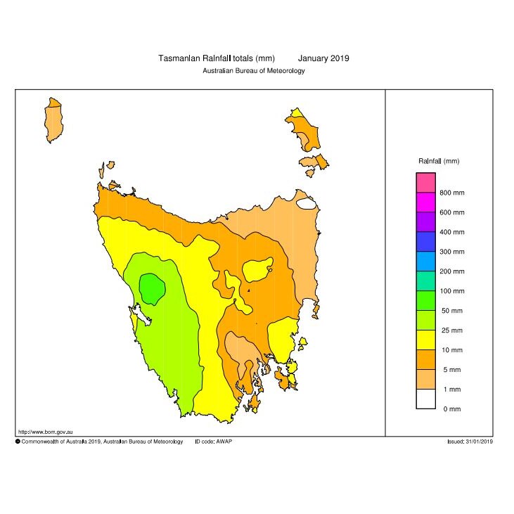 January 2019 rainfall map for Tasmania