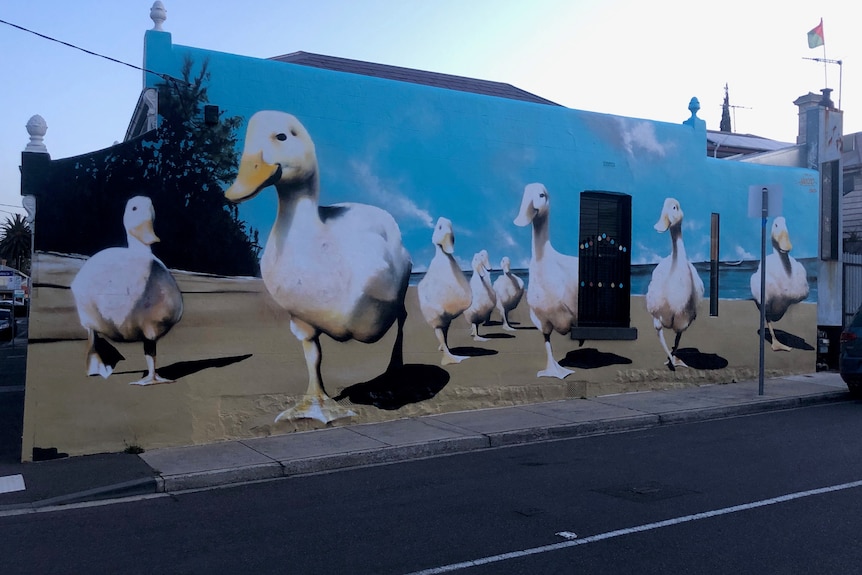 Photo of a side of a house with ducks painted on it.