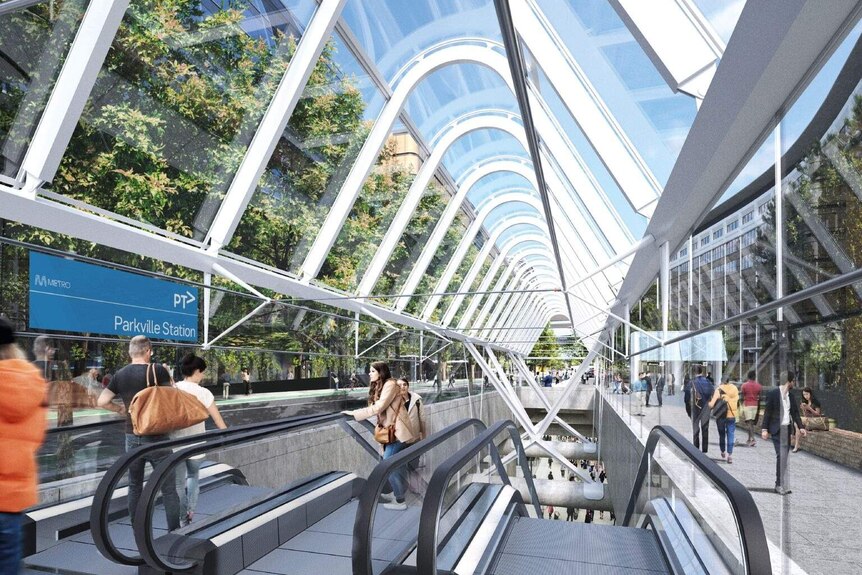 A concept image of the Grattan Street entrance to the new Parkville Station, showing a glass ceiling and the top of escalators.