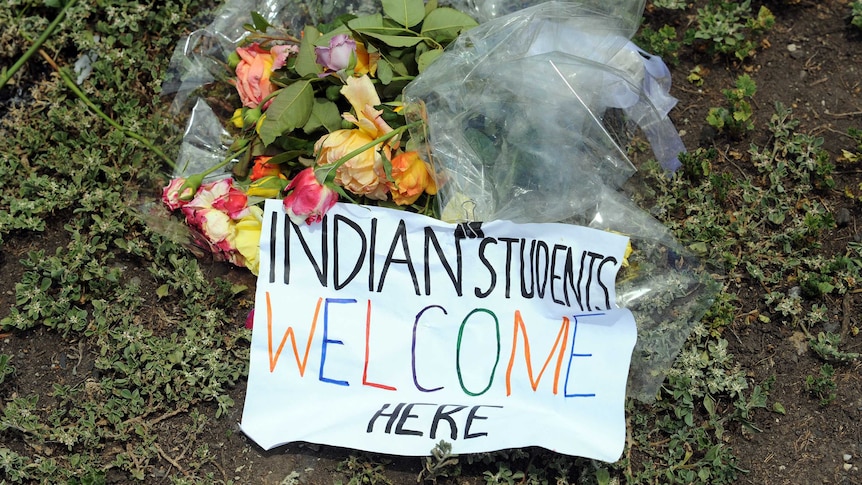 A flower tribute left at the location where Indian student Nitin Gar was stabbed to death in January 2010.