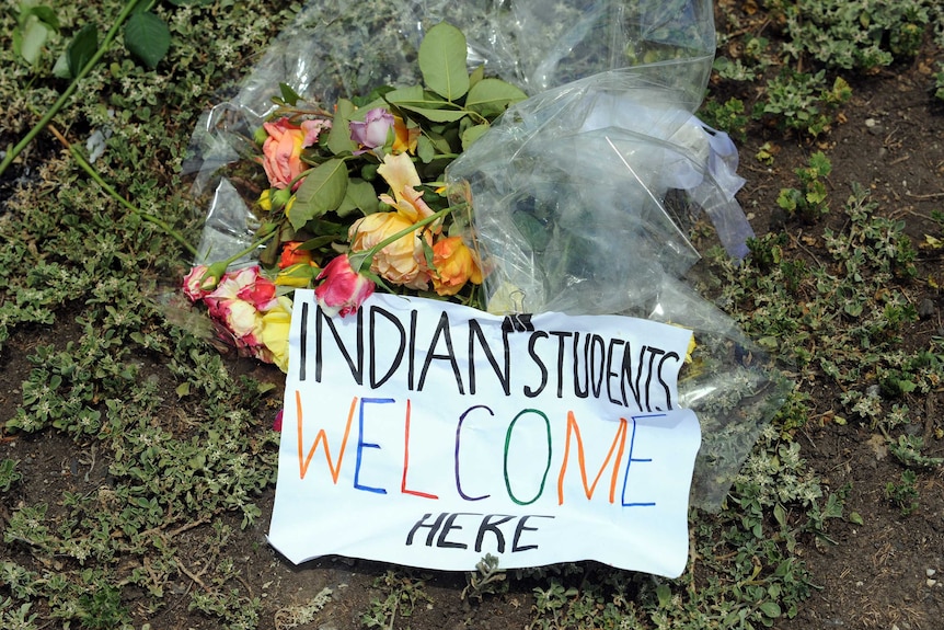 A flower tribute left at the location where Indian student Nitin Gar was stabbed to death in January 2010.