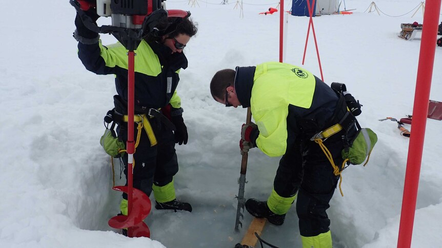 two people drilling through ice.