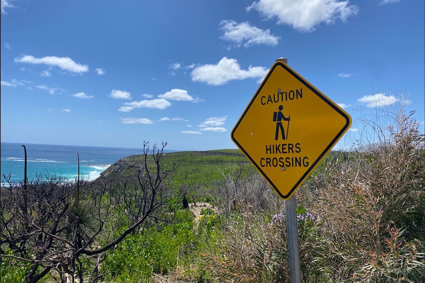 A close of sign reading caution hikers with coast in the background